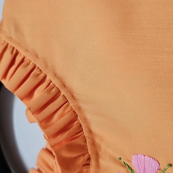 Vtg Handmade Floral Butterfly Embroidered A-line Dress Ruffle Neck - Picture 5 of 10